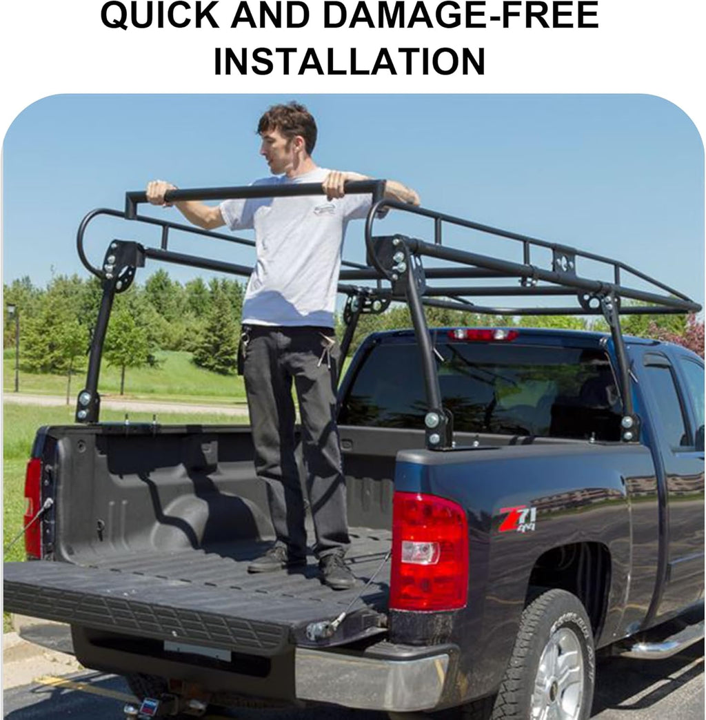 Rockland Universal Full-Size Steel Over-Cab Truck Rack, 800 LBS Capacity, 136.5' x 55' x 34.25', 49'-64' Adjustable Truck Bed Width, Extendable Truck Ladder Rack with None Drilling C-Clamps