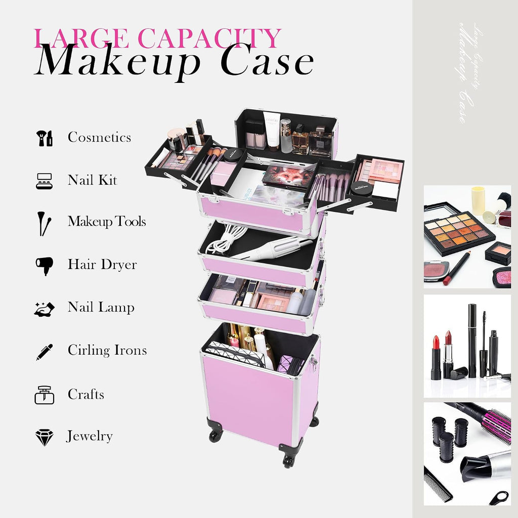 5-in-1 Rolling Makeup Train Case, Large Professional Cosmetic Trolley Organizer on Wheels with 360° Swivel Wheels, Lockable Black Aluminum Travel Case for Makeup Artists, Nail Techs & Hairstylists