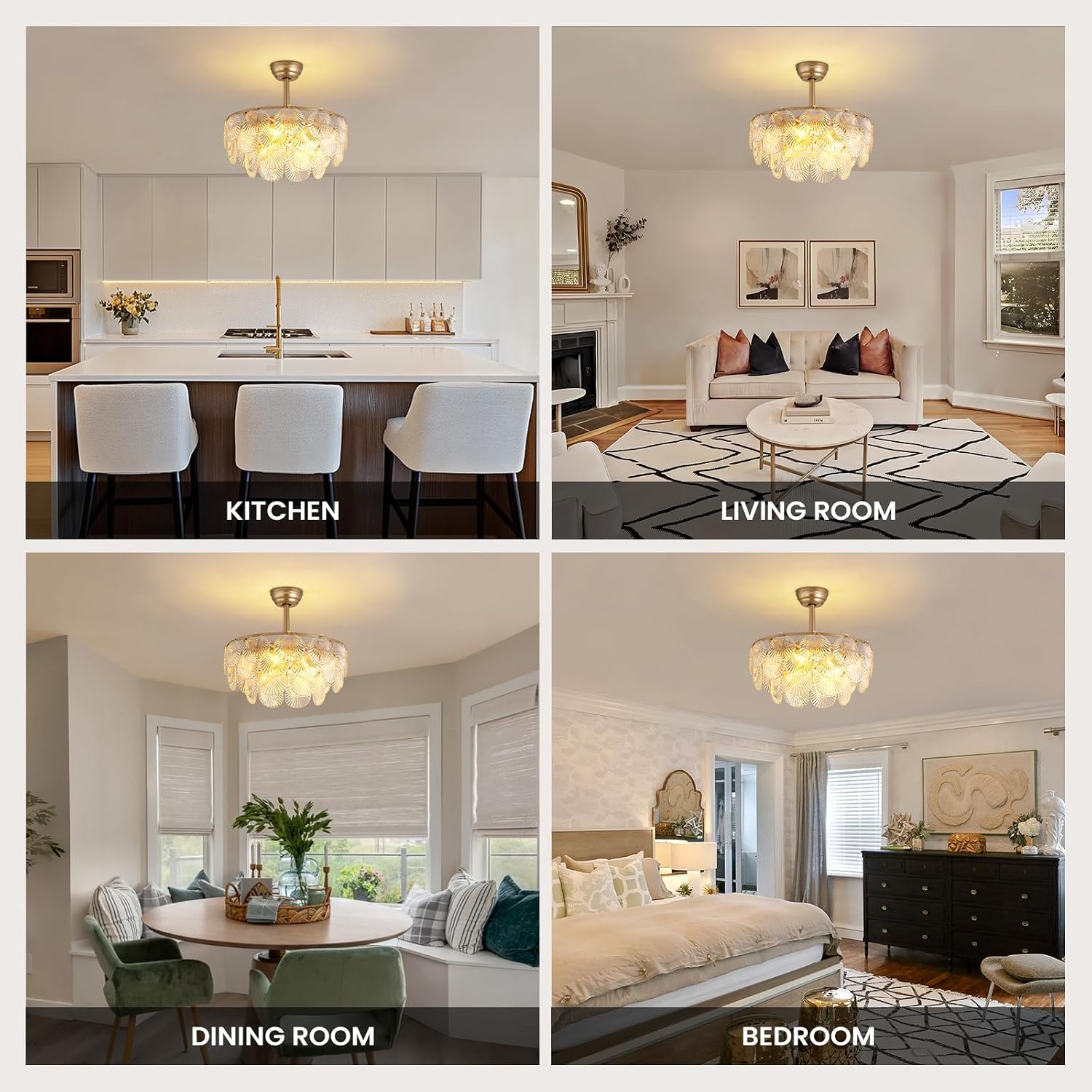 NOXARTE 22 Inch Crystal Ceiling Fan with Light, Multi-Tier Shell Cloud Glass Metal Caged Ceiling Fan Remote Control Modern Gold Fandelier Reverse Motor 6 Speeds Chandelier Fan for Living Room Bedroom