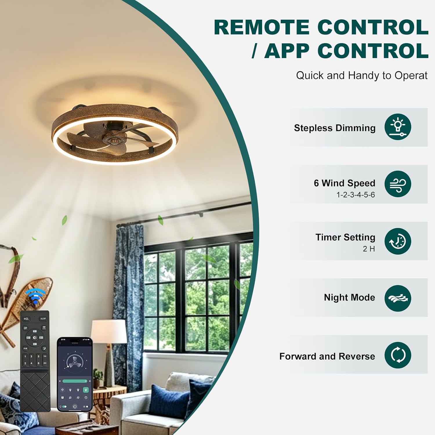 19.7' Low Profile Retro Ceiling Fan with Light, Farmhouse Fandelier 3 Color Dimmable LED,6 Speeds, Reversible Motor Chandelier Fans for Bedroom Living Room