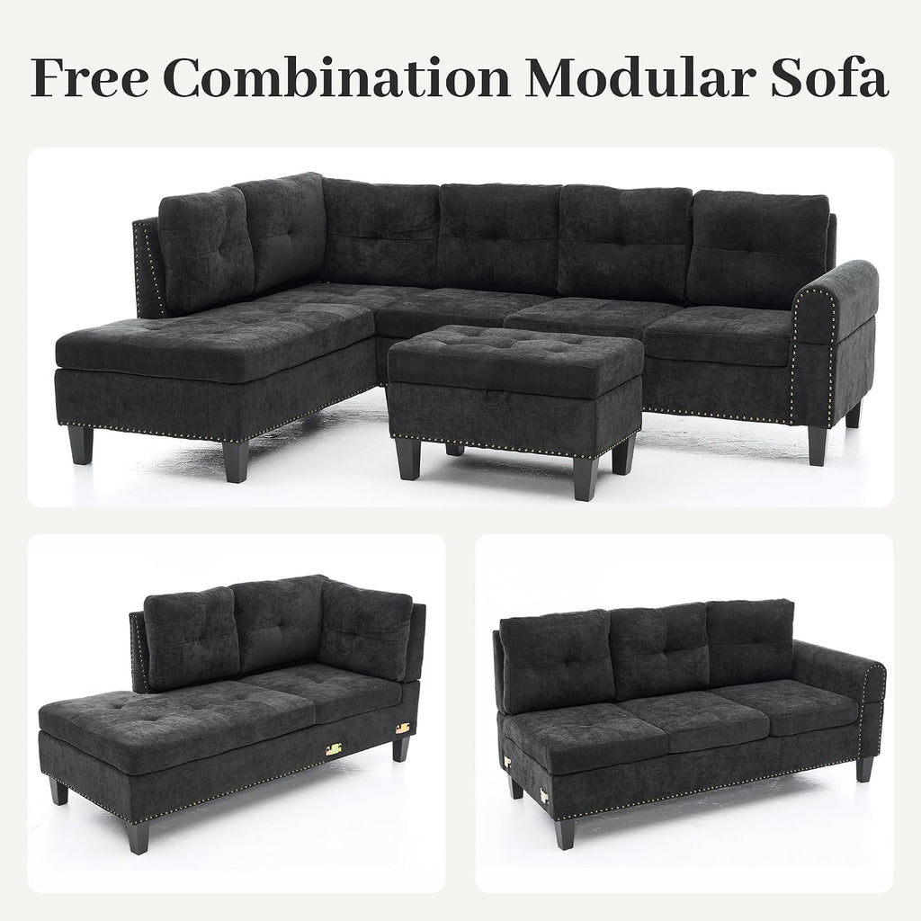 97.5' L Shaped Couches for Living Room, Sectional Couch Living Room Furniture with Storage Ottoman, Modular Sectional Sofa with Movable Chaise for Apartment Office, Black
