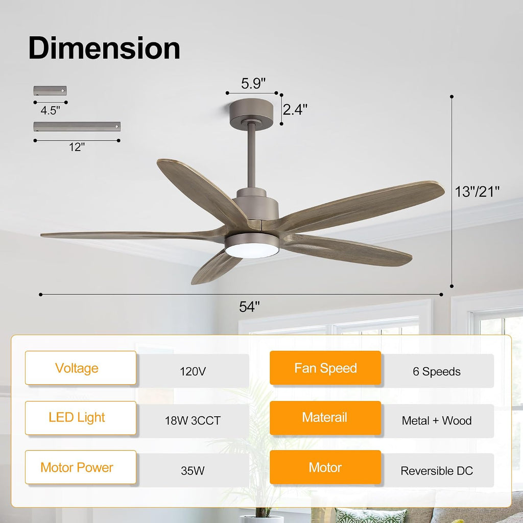WINGBO 54' Ceiling Fan with Light - 5 Carved Solid Wood Blades, 6-Speed Reversible DC Motor, Dimmable, 3CCT, Noiseless Remote Control Ceiling Fans with Lights for Bedroom Living Room, Charcoal Gray