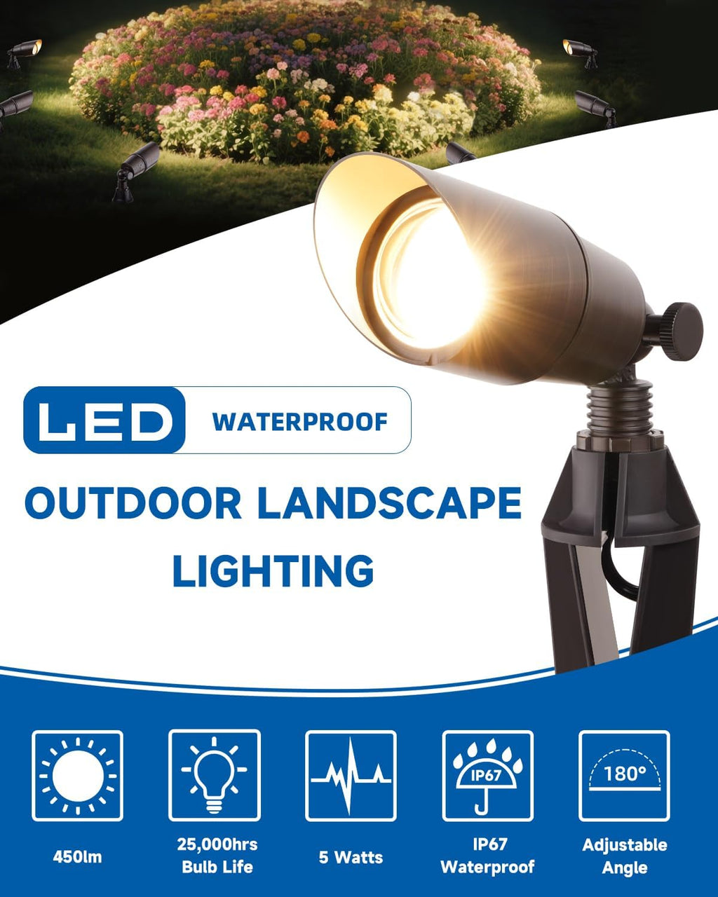 Solid Brass Outdoor Landscape Spotlight 12V Wired Low Voltage Spot Lights with 5W MR16 LED Bulb Warm White, Waterproof IP67 Outdoor Spot Lights for Yard & Garden 12V Landscape Lights 4-Pack
