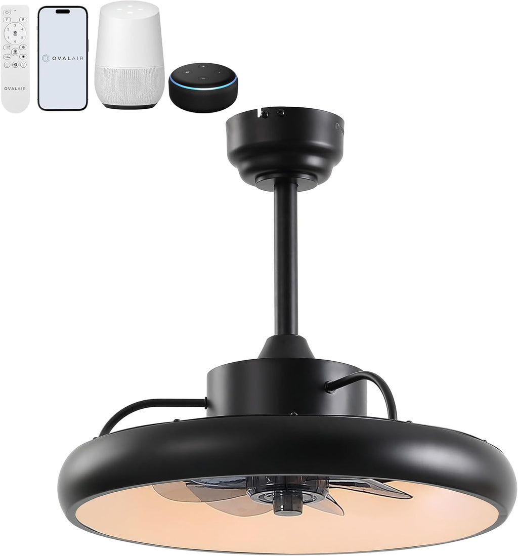 Oval AIR Loren 20' Small Smart Ceiling Fan with Light, Semi Flush Mount, Quiet 6-Speed Reversible Motor, Dimmable LED, Adjustable CCT, App & Remote Control, Modern, Black AIR8002B