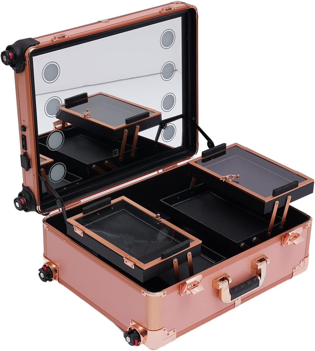 3-Tiers Rolling Makeup Train Case, Professional Makeup Train Case With Wheels Trolley Salon Barber Cosmetic Train Trolley w/LED LIght & Keys & Mirror for Make Up Hairstylists Nail Tech (Rose Gold)