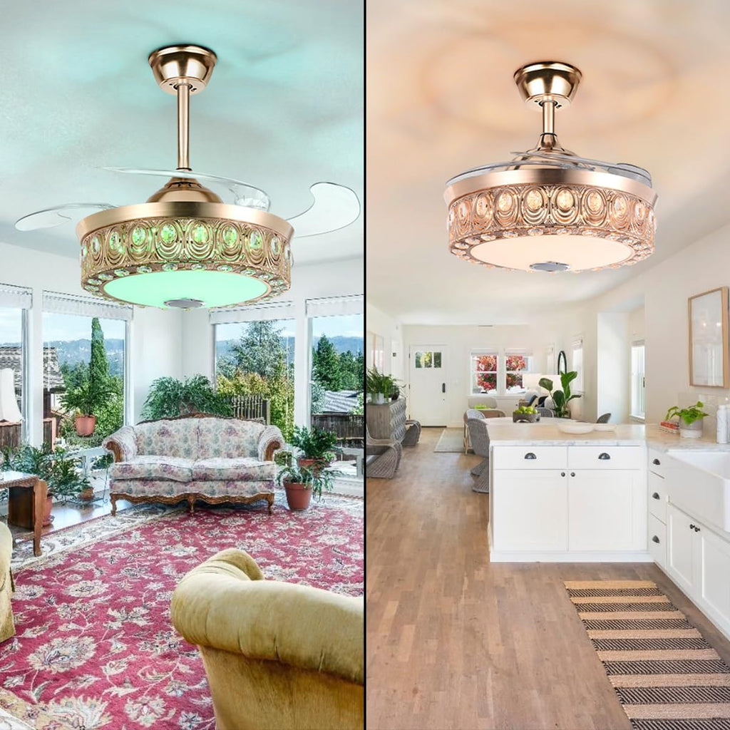 42' Crystal Fandelier Ceiling Fan with Light and Remote Bluetooth Speaker Modern Gold Chandelier Ceiling Fan Dimmable RGB Colors Retractable Blades for Dinning Room Bedroom
