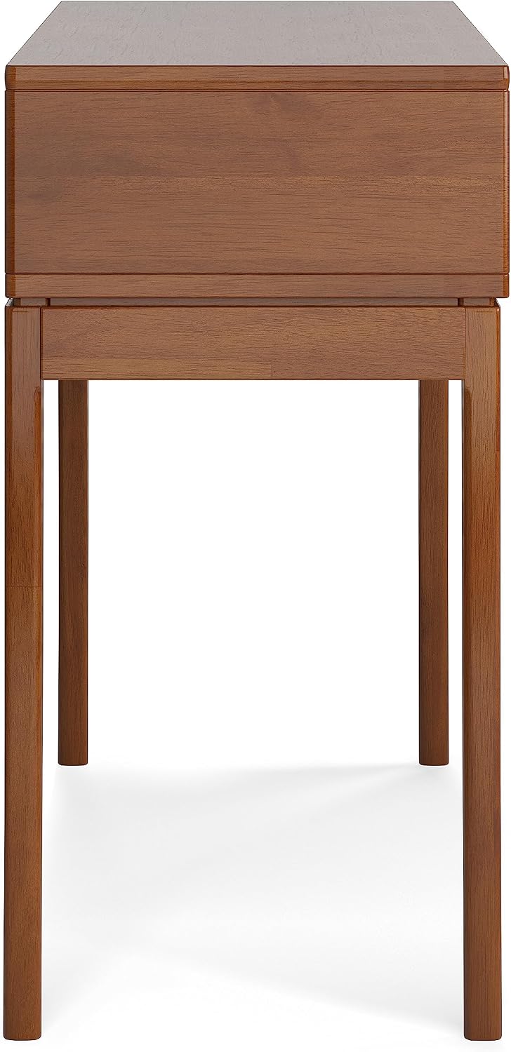 SIMPLIHOME Harper Console Table - 54 Inch Wide Solid Hardwood Sofa Table in Teak Brown, Mid-Century Modern Storage Table for Entryway or Living Room with 3 Drawers, Notched Handles, and Tapered Legs