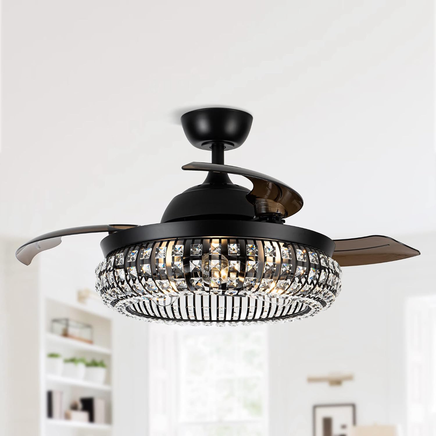 Parrot Uncle Ceiling Fans with Lights and Remote Black Retractable Ceiling Fan with Light Bedroom Crystal Chandelier Ceiling Fans, 42 Inch