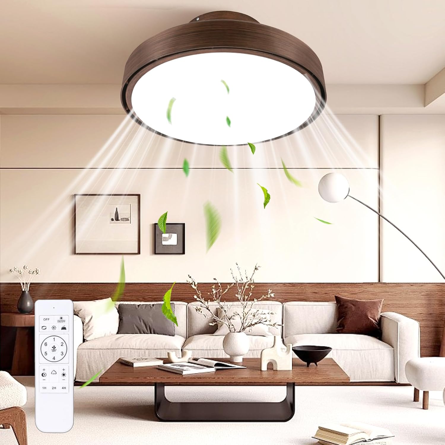 20' Bladeless Ceiling Fan with Light and Remote, LED Low Profile Flush Mount Ceiling Fan with 6 Speed Dimmable, 3000-6000K, Enclosed Modern Ceiling Fans for Bedroom Living Room
