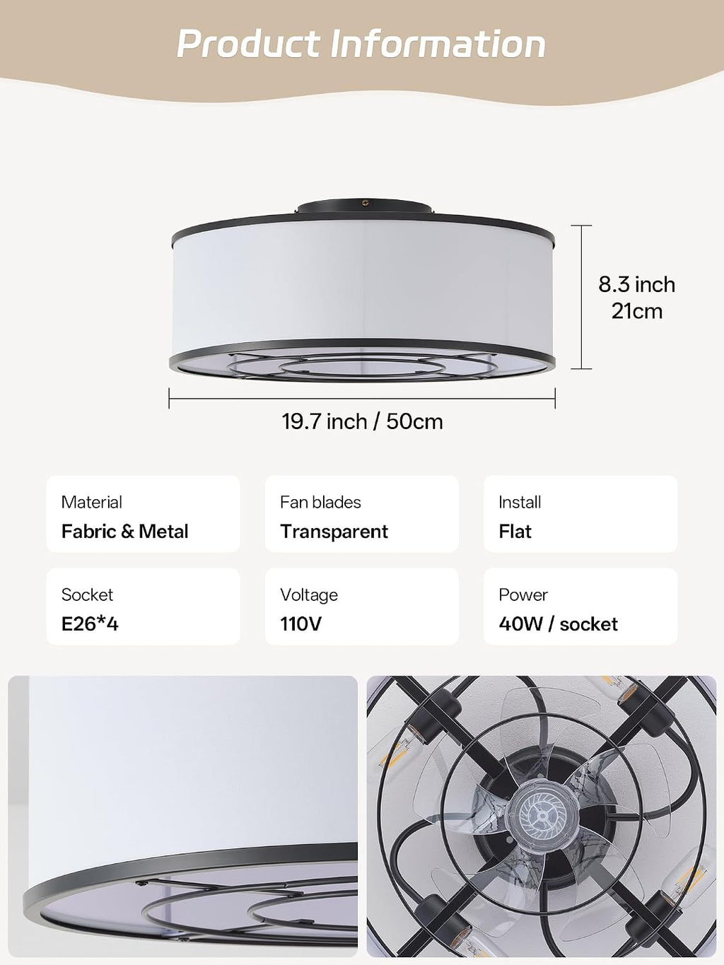 Caged Low Profile Ceiling Fans with Lights, Bladeless Ceiling Fan with lights Remote, Flush Mount Modern Enclosed with 6 Speeds for Bedroom, Kitchen (Black)