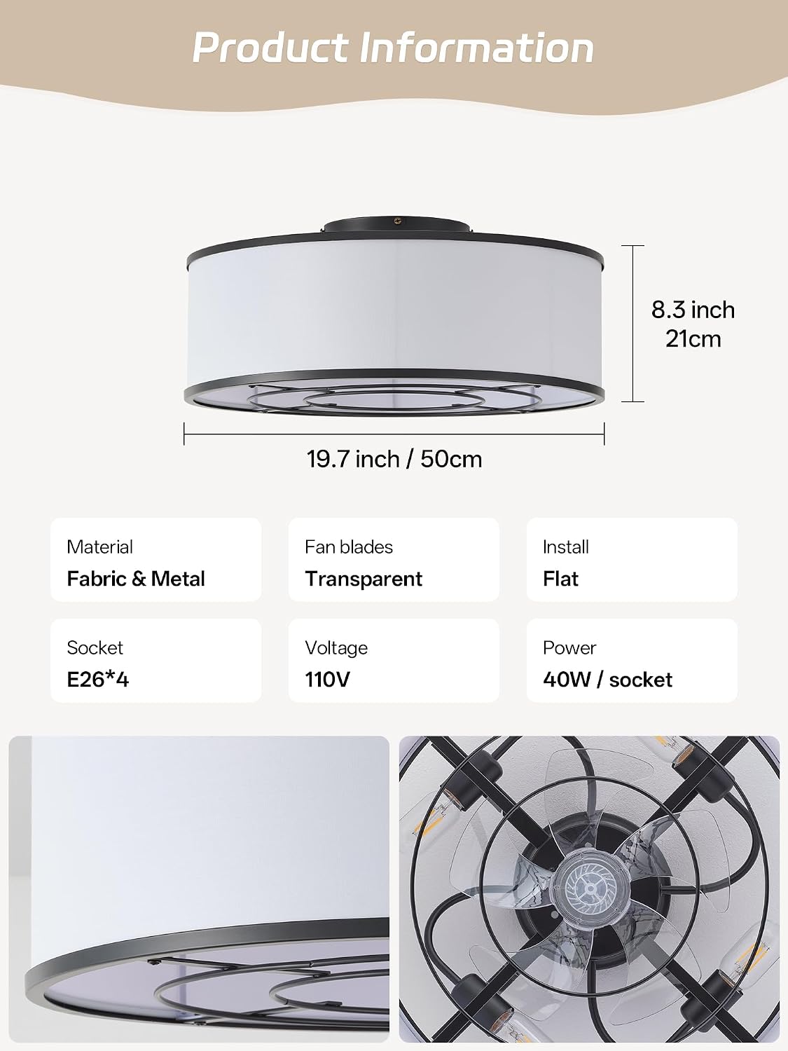 Caged Low Profile Ceiling Fans with Lights, Bladeless Ceiling Fan with lights Remote, Flush Mount Modern Enclosed with 6 Speeds for Bedroom, Kitchen (Black)