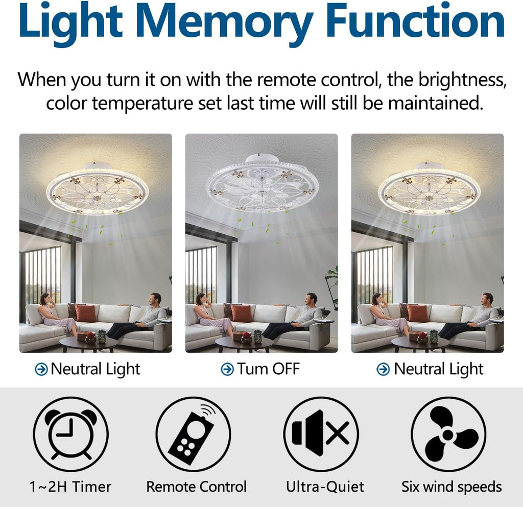 White Caged Ceiling Fan with Lights Remote Control, Farmhouse Industrial Ceiling Fan with Light for Kitchen Bedroom Living Room