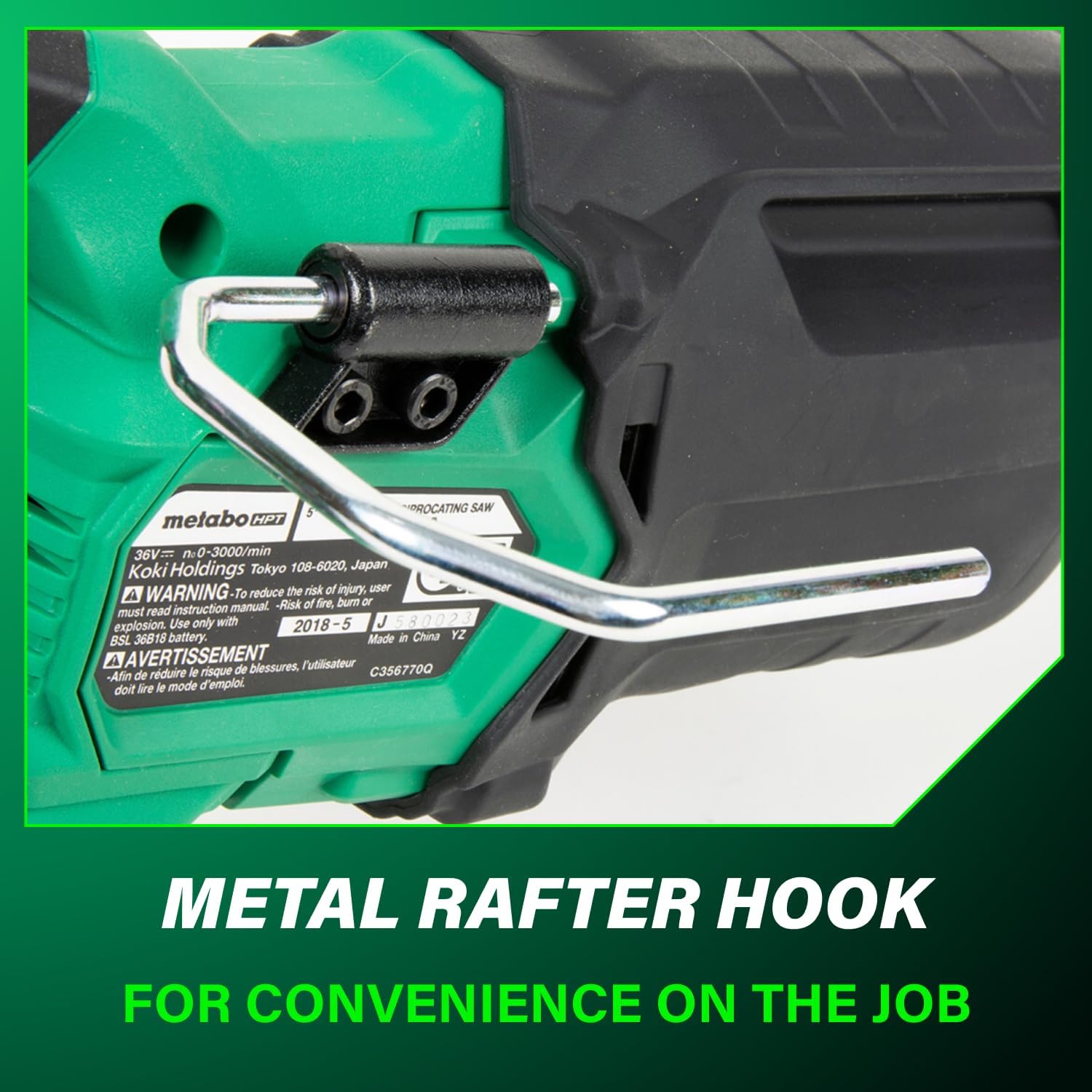 Metabo HPT 36V MultiVolt Cordless Reciprocating Saw, 4-Stage Speed Selector, 1,700 SPM to 3,000 SPM, Orbital Action, Low Vibration, Hybrid Power Option, Metal Rafter Hook, Tool Body Only, CR36DAQ4