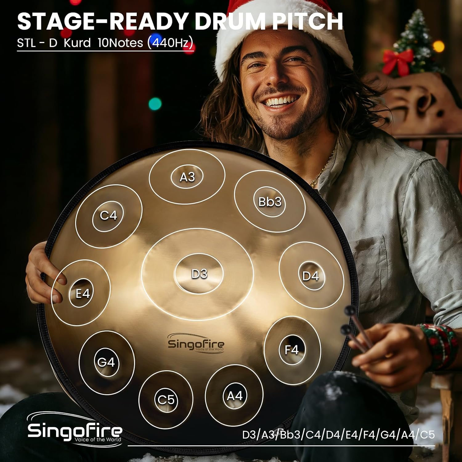 'SINGOFIRE' 10-Notes Handpan Drum, Handpan Drums for Adults, 22-Inch 440Hz D Minor Kurd Handpan, Handpans Instrument with Soft Drum Bag, 2 Handpan Mallets, Stand and Dust-Free Cloth(Gold)