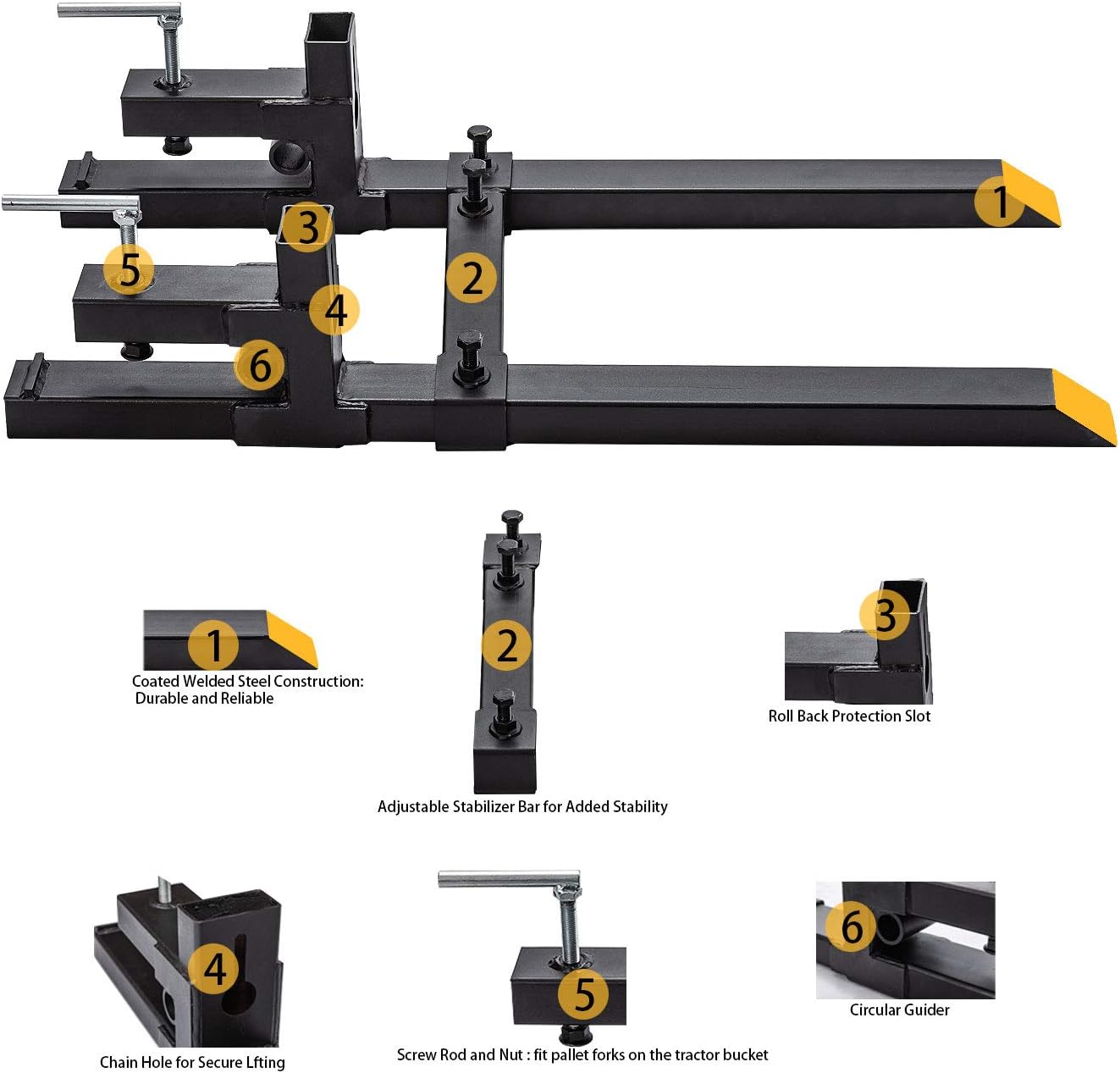 Heavy Duty Clamp on Pallet Forks w/Adjustable Stabilizer Bar -60' 4000lbs Max- Pallet Forks Clamp On for Tractor Bucket (60inch Total Length）