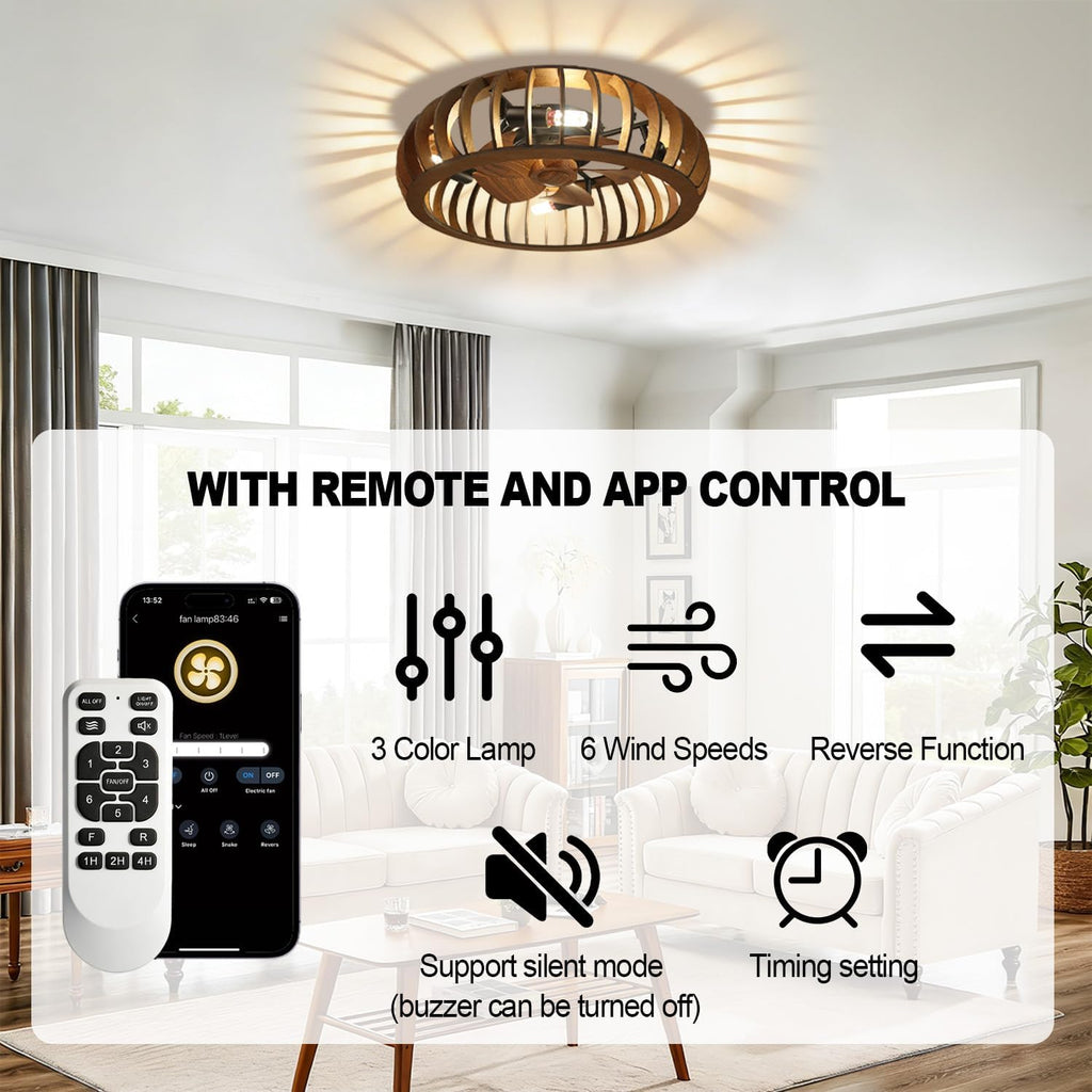Wooden Ceiling Fans with Lights Flush Mount, 20 Inch Caged Low Profile Ceiling Fans with 3 Mode Lighting and Remote Control with E26 Bulbs for Bedroom, Nursery, Garage (Brown (Wood))