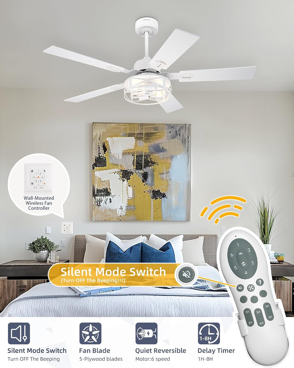 YOUKAIN 48 Inch Ceiling Fans with Lights, Farmhouse Ceiling Fans with Wall Switch and Remote Control, 5-Reversible, White Finish, Outdoor Ceiling Fan for Indoor/Outdoor Use, 48-YJ632-WHW-WS