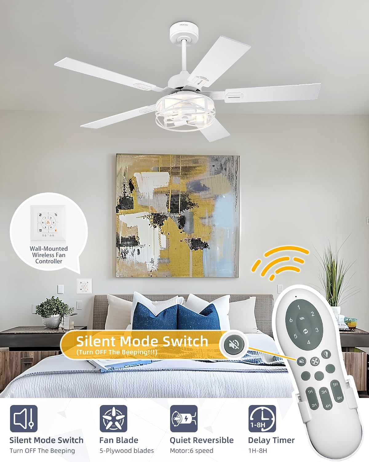 YOUKAIN 48 Inch Ceiling Fans with Lights, Farmhouse Ceiling Fans with Wall Switch and Remote Control, 5-Reversible, White Finish, Outdoor Ceiling Fan for Indoor/Outdoor Use, 48-YJ632-WHW-WS