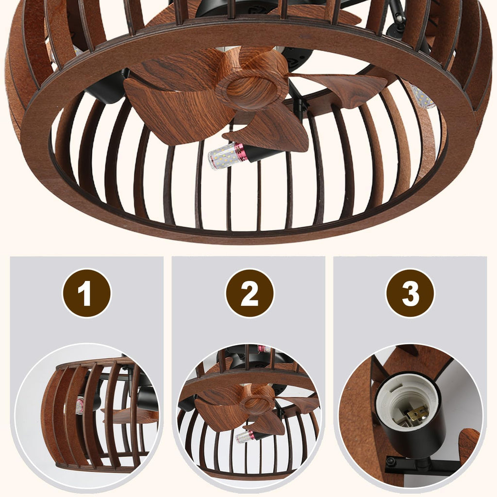 Wooden Ceiling Fans with Lights Flush Mount, 20 Inch Caged Low Profile Ceiling Fans with 3 Mode Lighting and Remote Control with E26 Bulbs for Bedroom, Nursery, Garage (Brown (Wood))