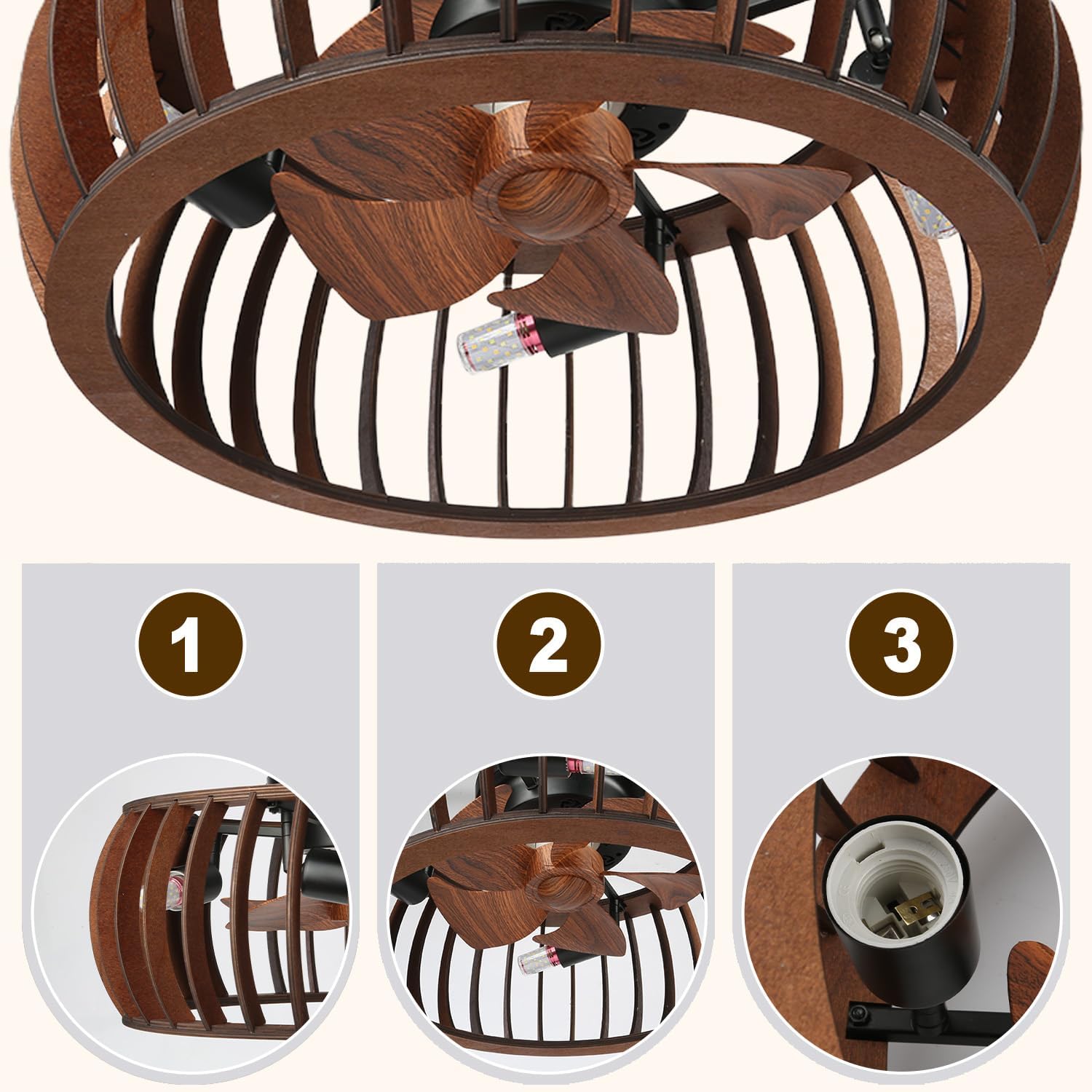 Wooden Ceiling Fans with Lights Flush Mount, 20 Inch Caged Low Profile Ceiling Fans with 3 Mode Lighting and Remote Control with E26 Bulbs for Bedroom, Nursery, Garage (Brown (Wood))