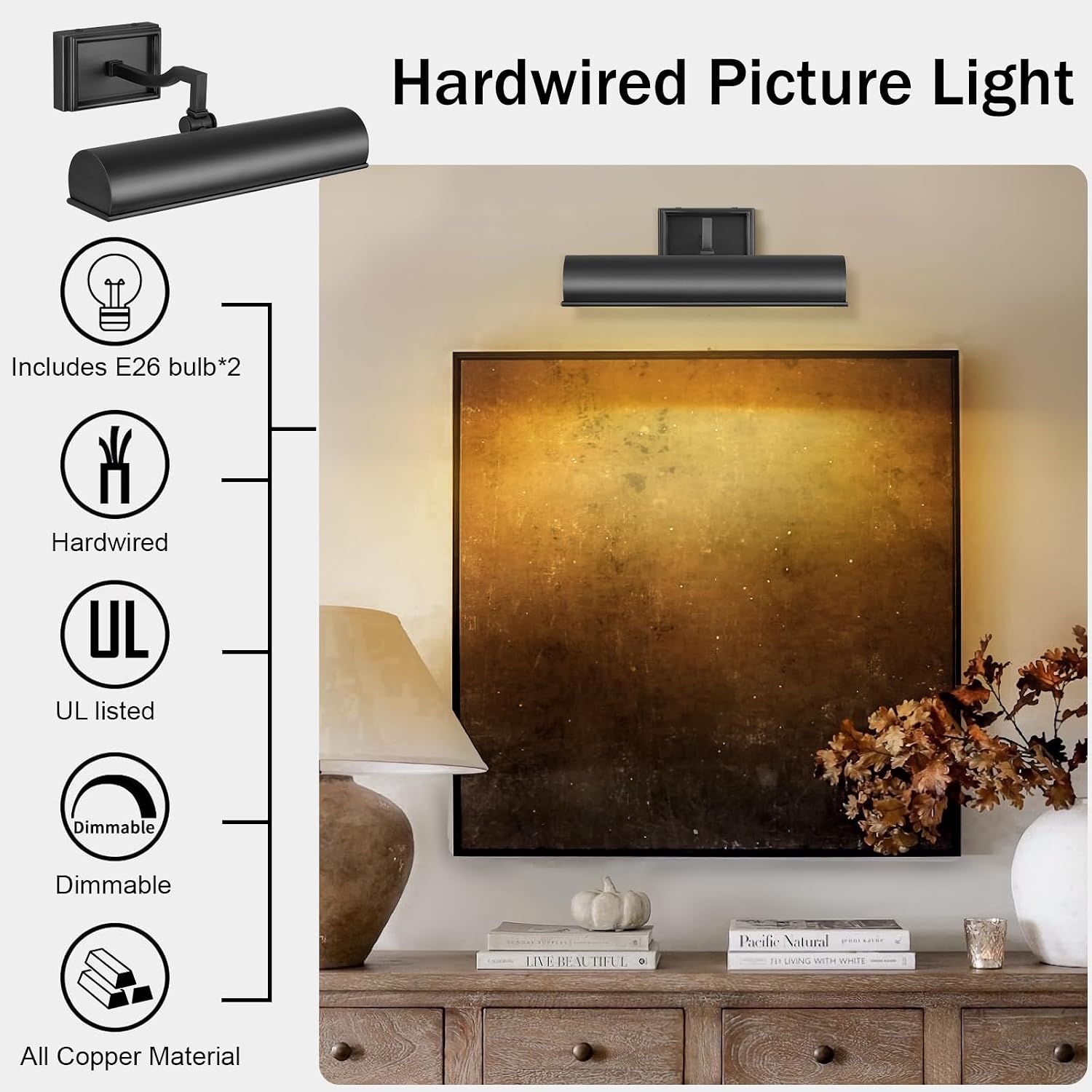 Modern 12in Bronze Picture Lights for Wall Hardwired, Black Picture Light Adjustable Picture Frames Lights Horizontal Wall Sconce for Painting, Artwork, Gallery, Bookcase Includes Bulbs