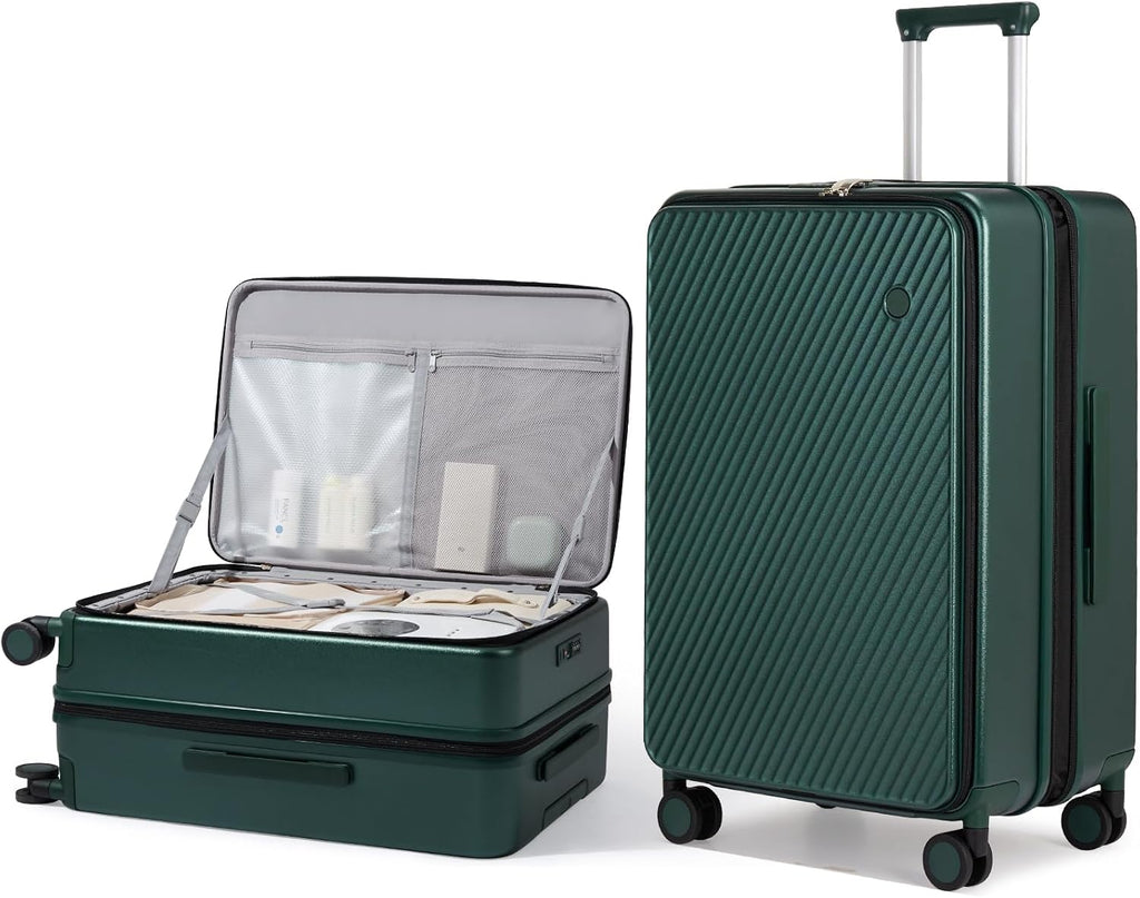 mixi 24 Inch Large Expandable Checked Luggage PC Hard Shell Suitcase Top Opening Rolling Travel Suitcases with Spinner Wheels & TSA Lock, Blackish Green
