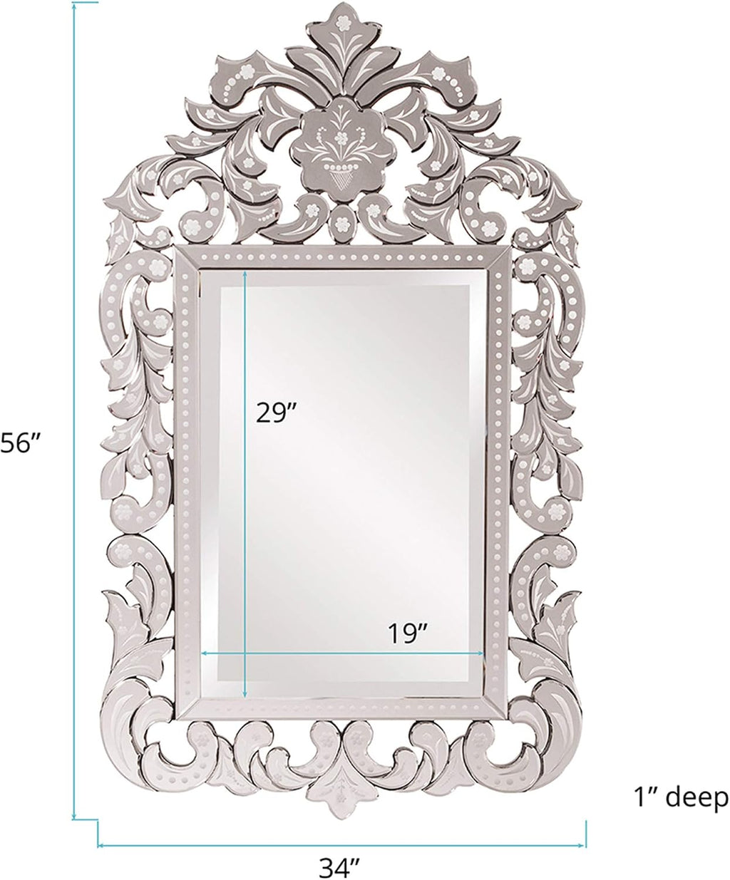 Howard Elliott Collection Large Regina Rectangular Venetian Wall Hanging Mirror, Antique Accent Design with Mirrored Frame, Wall Mirror for Home, Living Room, Entryway and Bathroom, 56 x 34 Inch