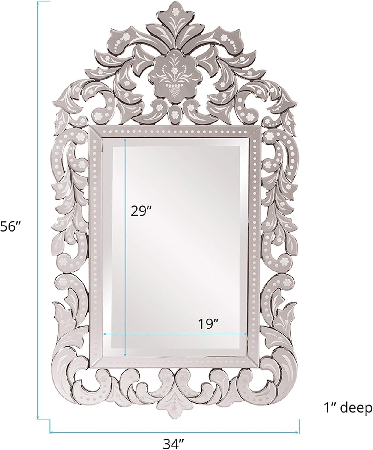 Howard Elliott Collection Large Regina Rectangular Venetian Wall Hanging Mirror, Antique Accent Design with Mirrored Frame, Wall Mirror for Home, Living Room, Entryway and Bathroom, 56 x 34 Inch
