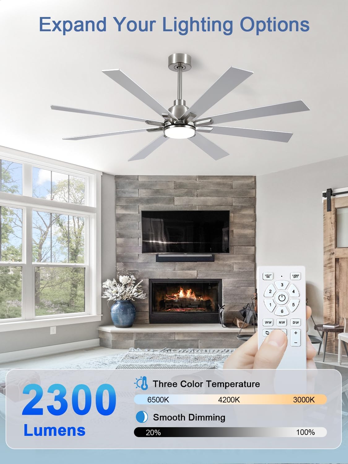 62 Inch Ceiling Fans with Lights and Remote, Pure Copper DC Motor Brushed Nickel Large Indoor/Outdoor Modern Industrial Ceiling Fan, Quiet, 6 Speed, 3CCT, for Patios Living Room Farmhouse Garage
