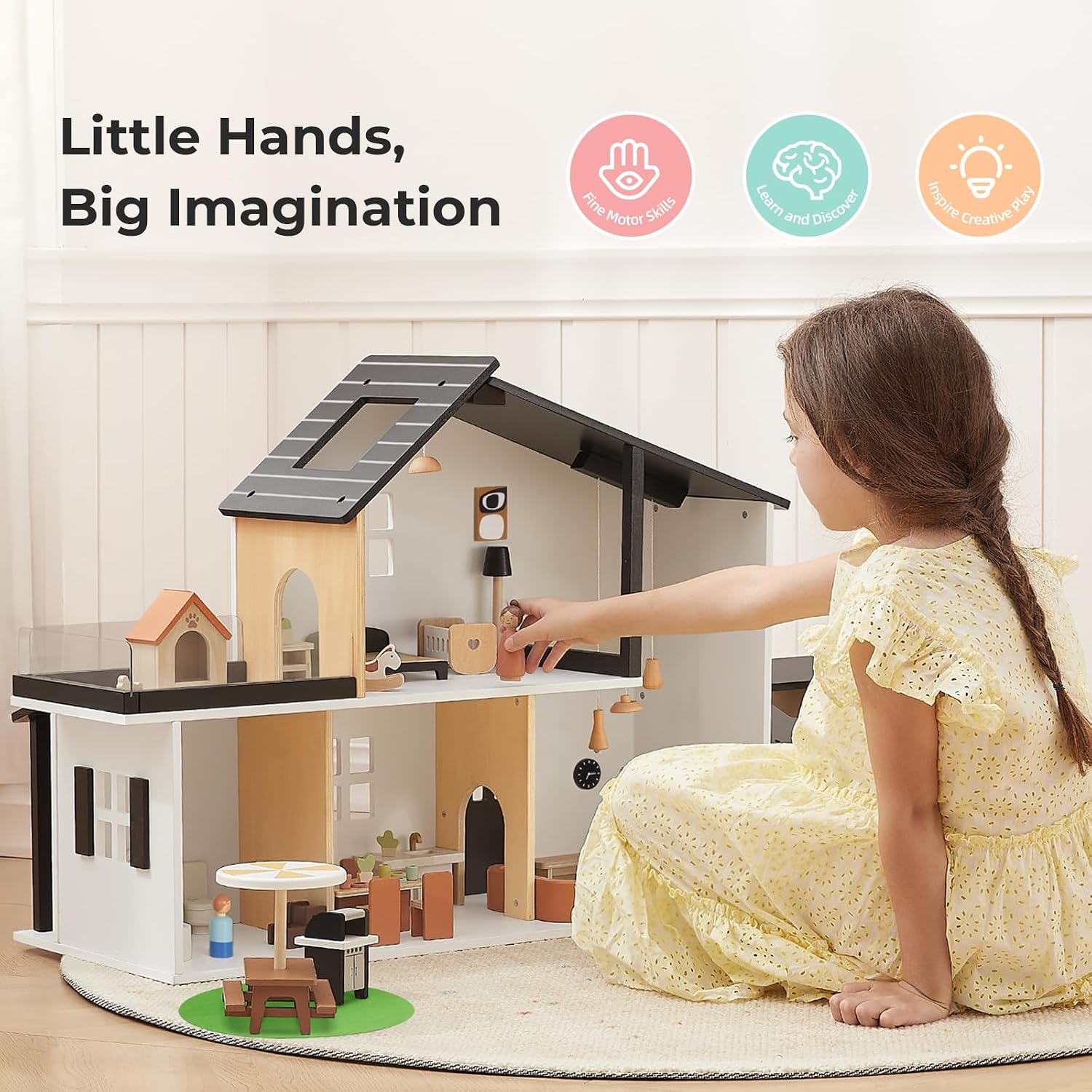 OOOK Wooden Dollhouse, Modern Doll House with 66Pcs Luxurious Furniture Accessories, Including Dolls and Pet Sets, Wood Dollhouse Toy for Boys and Girls 3+