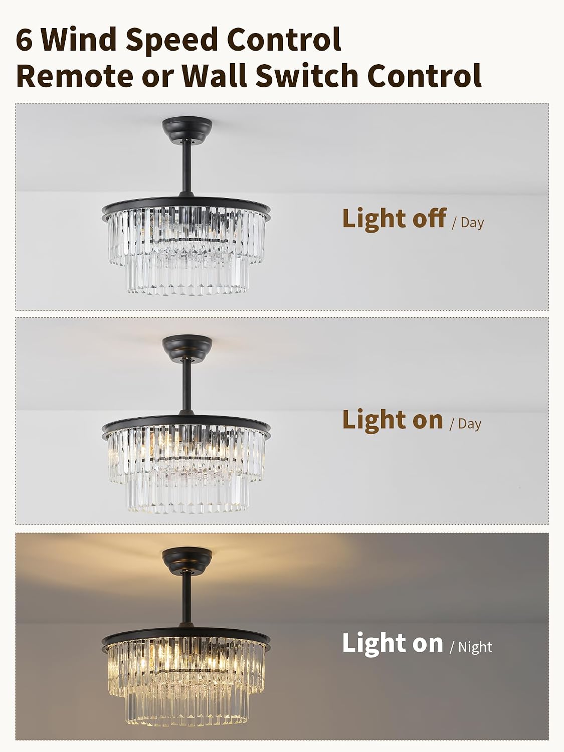 20' Black Crystal Fandelier Ceiling Fans with Lights,Farmhouse Rustic Caged Crystal Chandelier Ceiling Fan with Light Remote Control with 6 Speeds for Bedroom, Nursery, Living Room