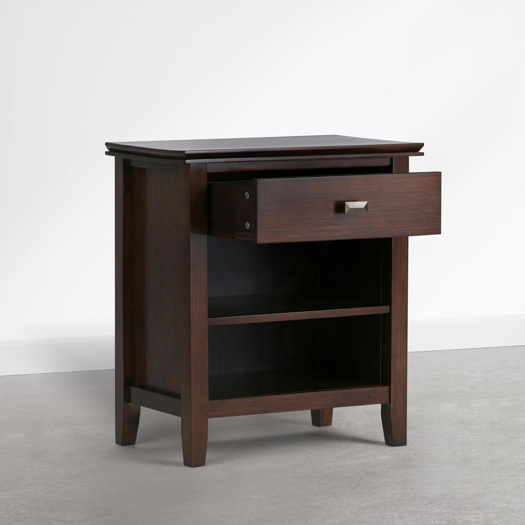SIMPLIHOME Artisan Bedside Table - 24 inch Wide Solid Wood Nightstand Table in Autumn Brown, Contemporary Side or End Table with 1 Drawer, Open Shelf Storage and Bronze Knobs