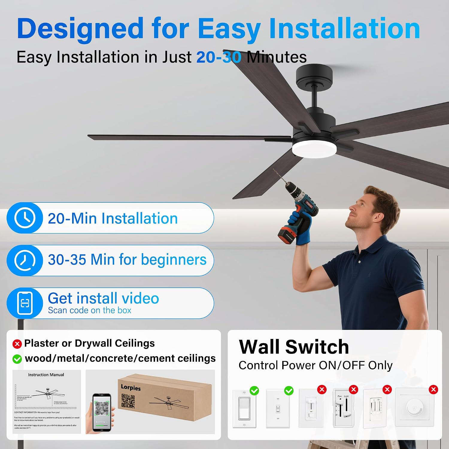 72' Large Smart Ceiling Fan with Lights Remote,Silent DC Motor,Control via WIFI Alexa Google App,Outdoor Indoor Modern Ceiling Fans for Living Room Kitchen Patio,5 Blades in Black & Walnut Brown
