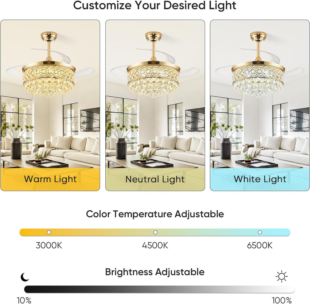 TXCSLY 48' Crystal Fandelier Ceiling Fan with Light, Retractable Ceiling Fans Chandelier Fan with Retractable Blades Dimmable Crystal Ceiling Fan Chandelier Fans for Bedroom Living Room-Gold