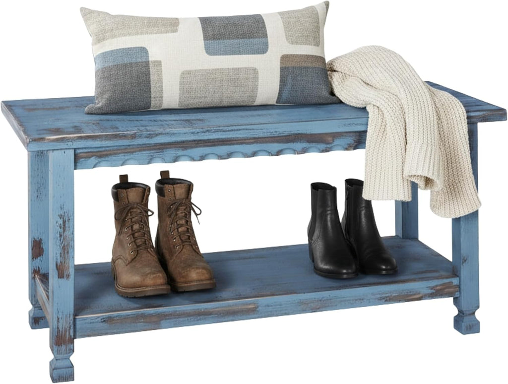 Country Cottage Entryway Bench with Storage Shelf – 36 Inch Solid Wood Farmhouse Bench in Antique Blue Distressed Finish for Rustic Hallway or Living Room Accent by Alaterre Furniture