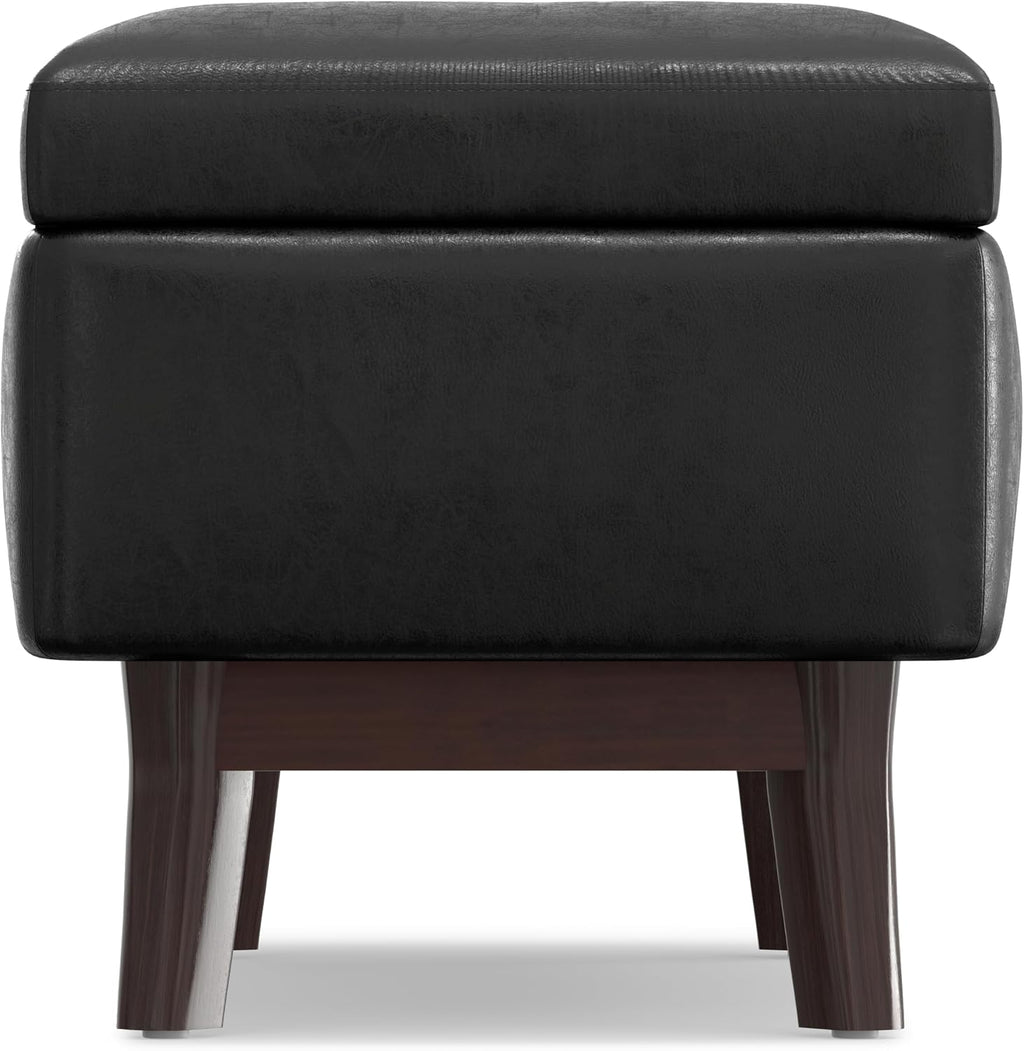 SIMPLIHOME Owen Small Rectangular Storage Ottoman - 36 inch Wide Upholstered Vegan Leather Lift-Top Ottoman in Distressed Black, Mid-Century Modern Ottoman for Living Room with Tufted Detail