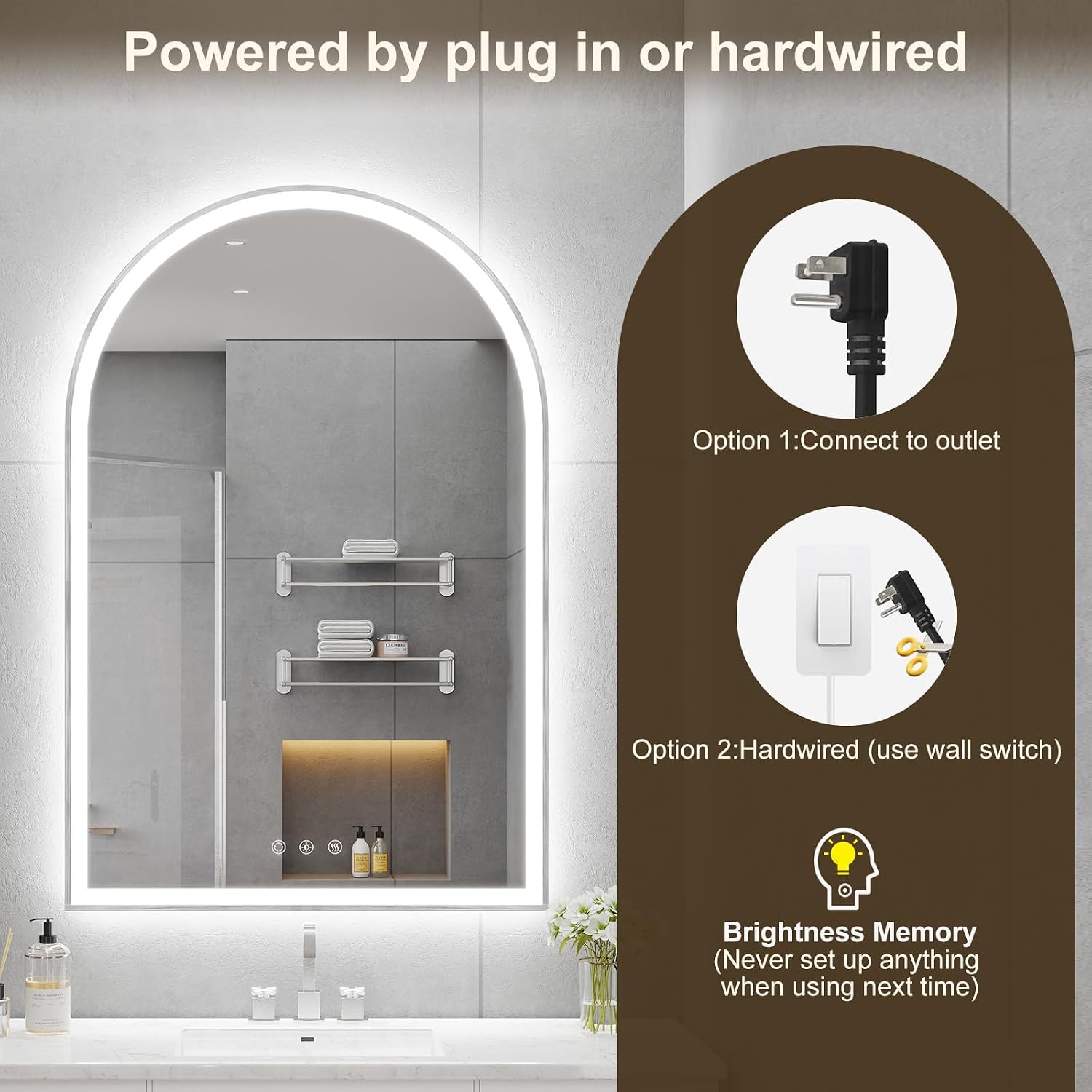 Arched LED Mirror for Bathtoom 24'x36', Silver LED Bathroom Mirror with Lights-Fogless, Dimmable, Shatterproof, Touch Sensor, 3 Color Changing