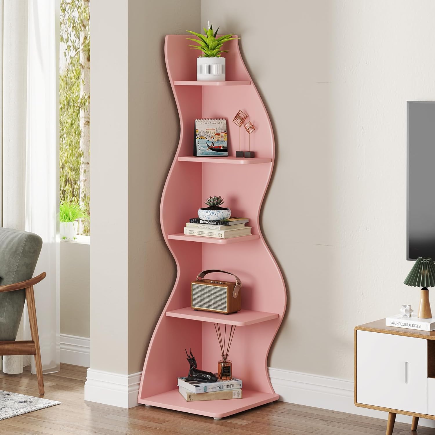Tribesigns Corner Shelf, Modern 5-Tier Wall Corner Bookshelf, Stylish Corner Small Bookcase Storage Rack Plant Stand with Unique Shape for Living Room, Home Office (Pink, 2PCS)