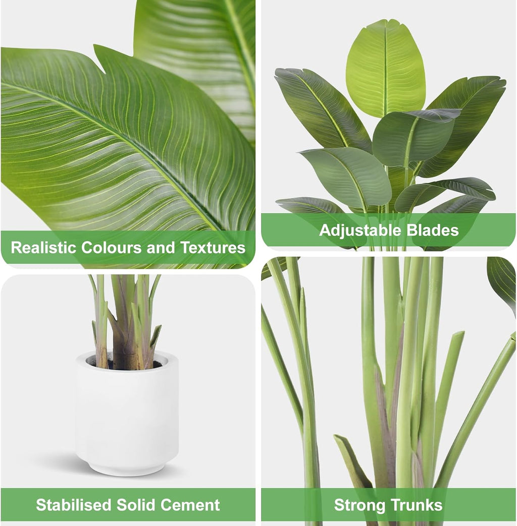 Artificial Bird of Paradise Plant 4Ft Tall Fake Tropical Palm Tree Large Fake Plants with 9 Silk Banana Leaves Faux Plant Indoor Decor Trees with White Pot for Home Bedroom Living Room Office（2pcs）