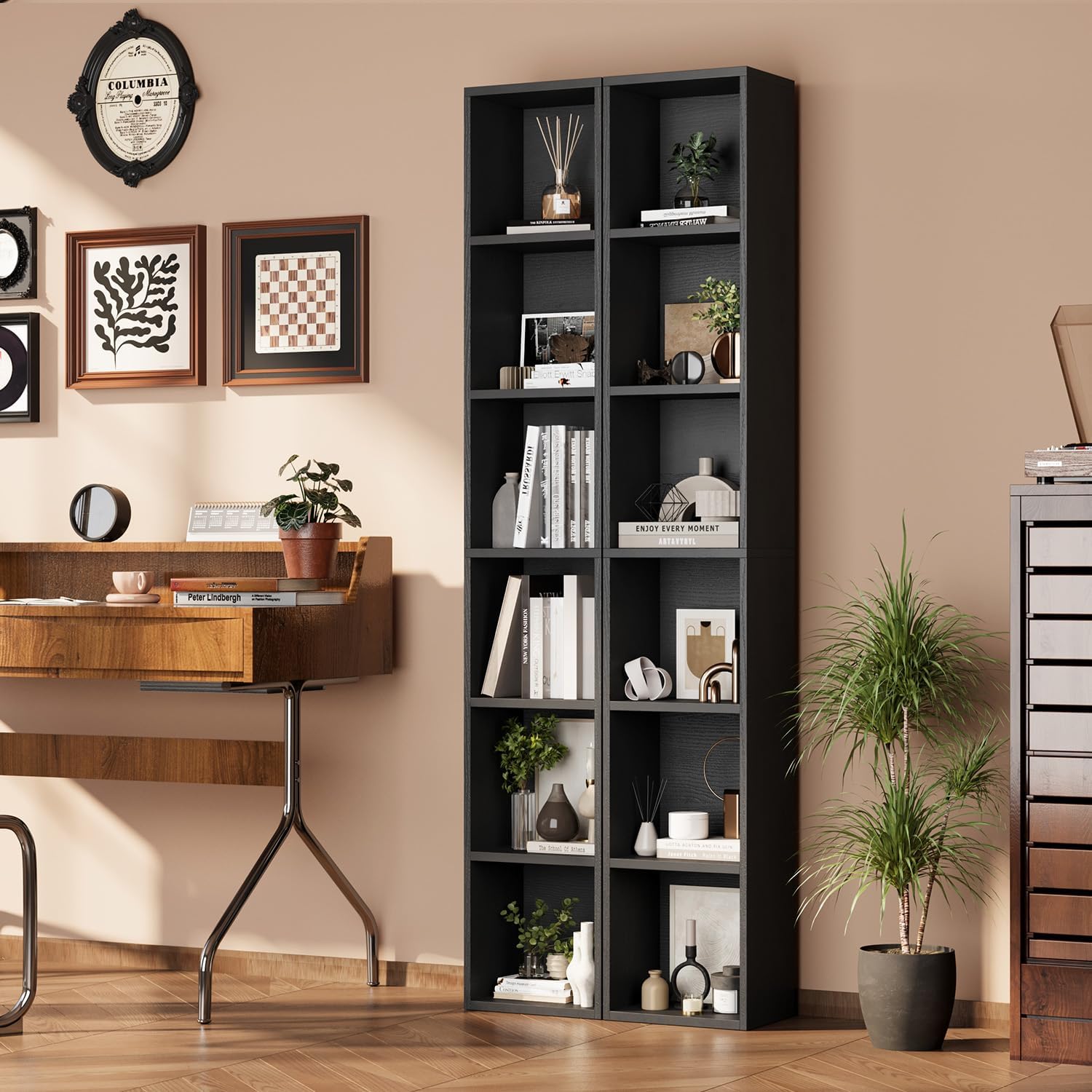 71.5' Tall Bookshelves and Bookcases Set of 2, 6 Tier Display Storage Shelves Home Decor Furniture for Home Office, Living Room, Bed Room (Black, 11.8' Narrow)