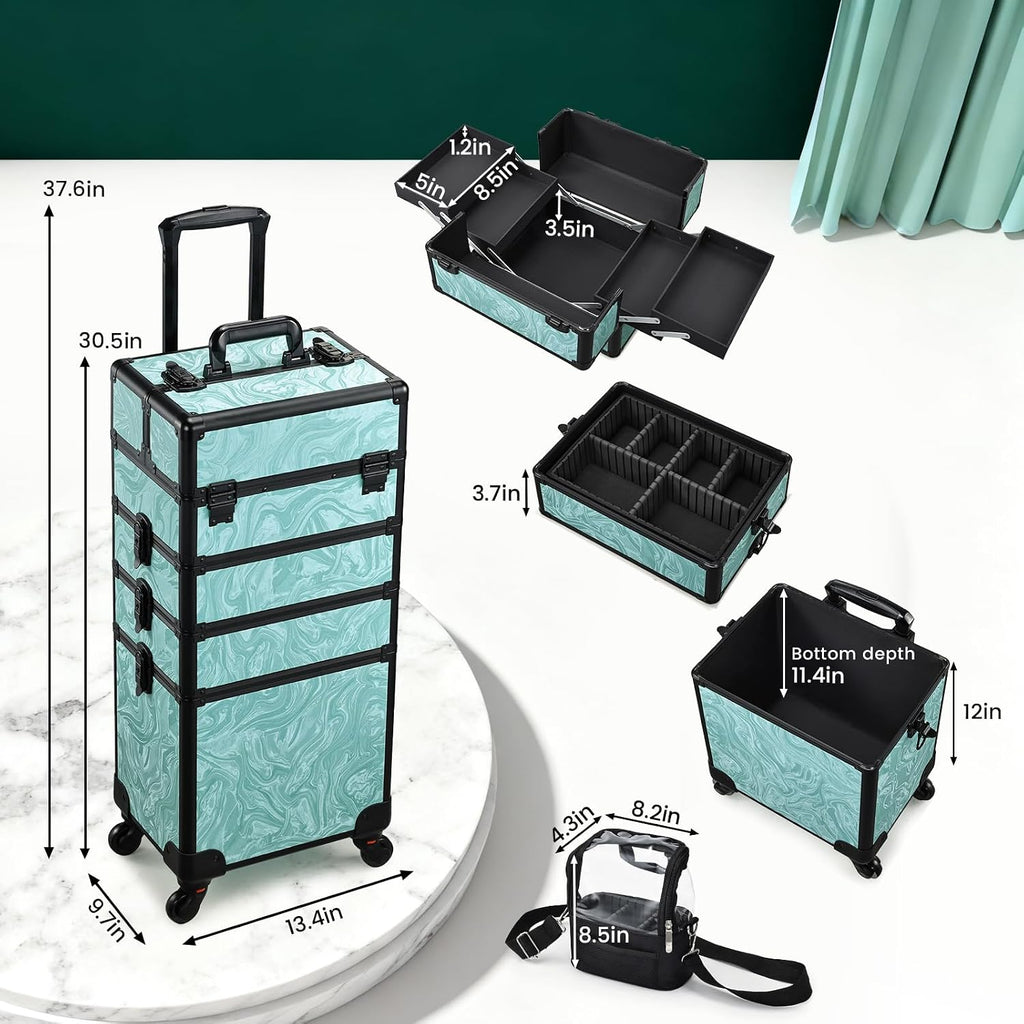 Stagiant Rolling Makeup Case 4 in 1 Cosmetology Case on Wheels Makeup Travel Case with Cosmetic Bag Key Swivel Wheels Salon Barber Case Traveling Cart Trunk Cosmetic Trolley Alpine Blue