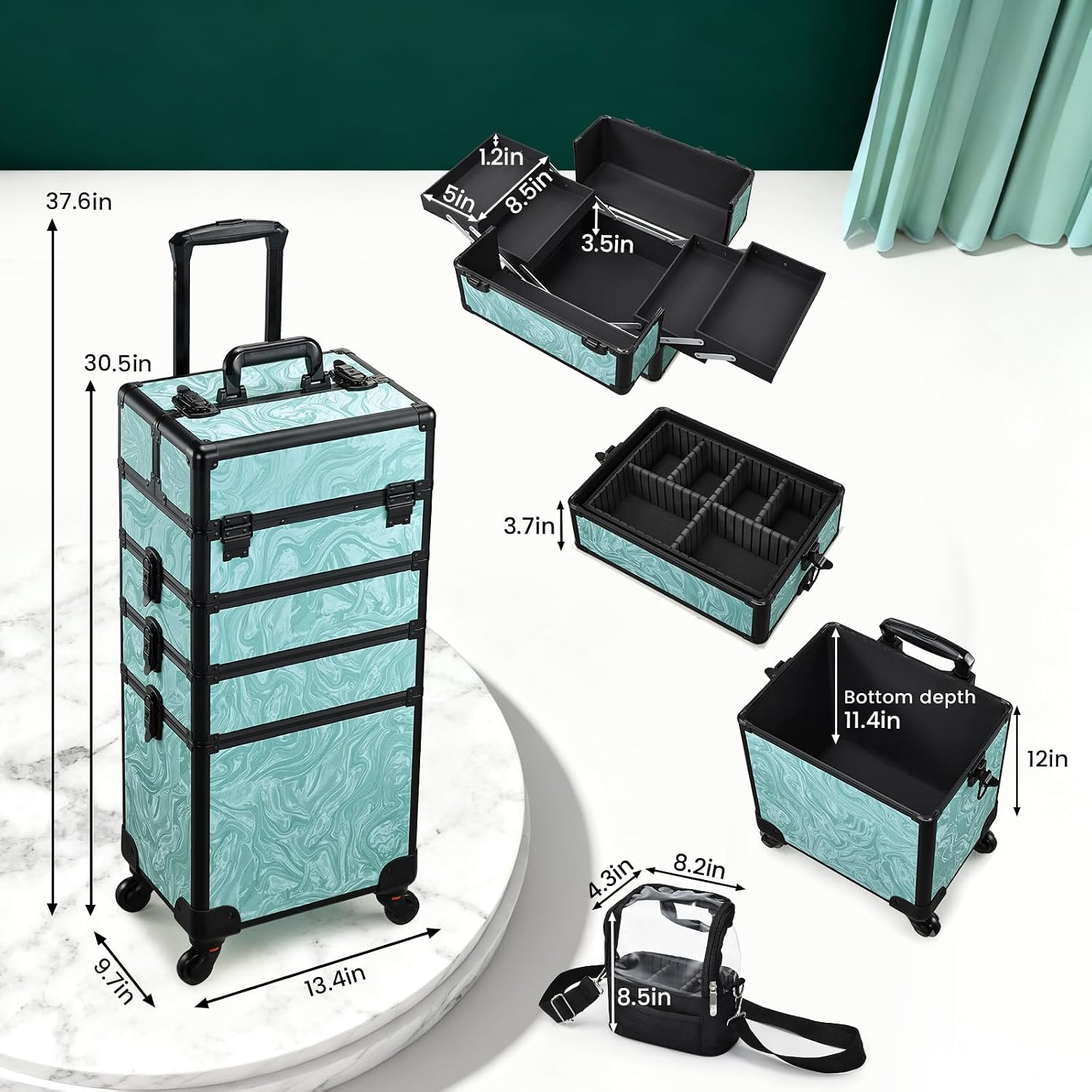 Stagiant Rolling Makeup Case 4 in 1 Cosmetology Case on Wheels Makeup Travel Case with Cosmetic Bag Key Swivel Wheels Salon Barber Case Traveling Cart Trunk Cosmetic Trolley Alpine Blue