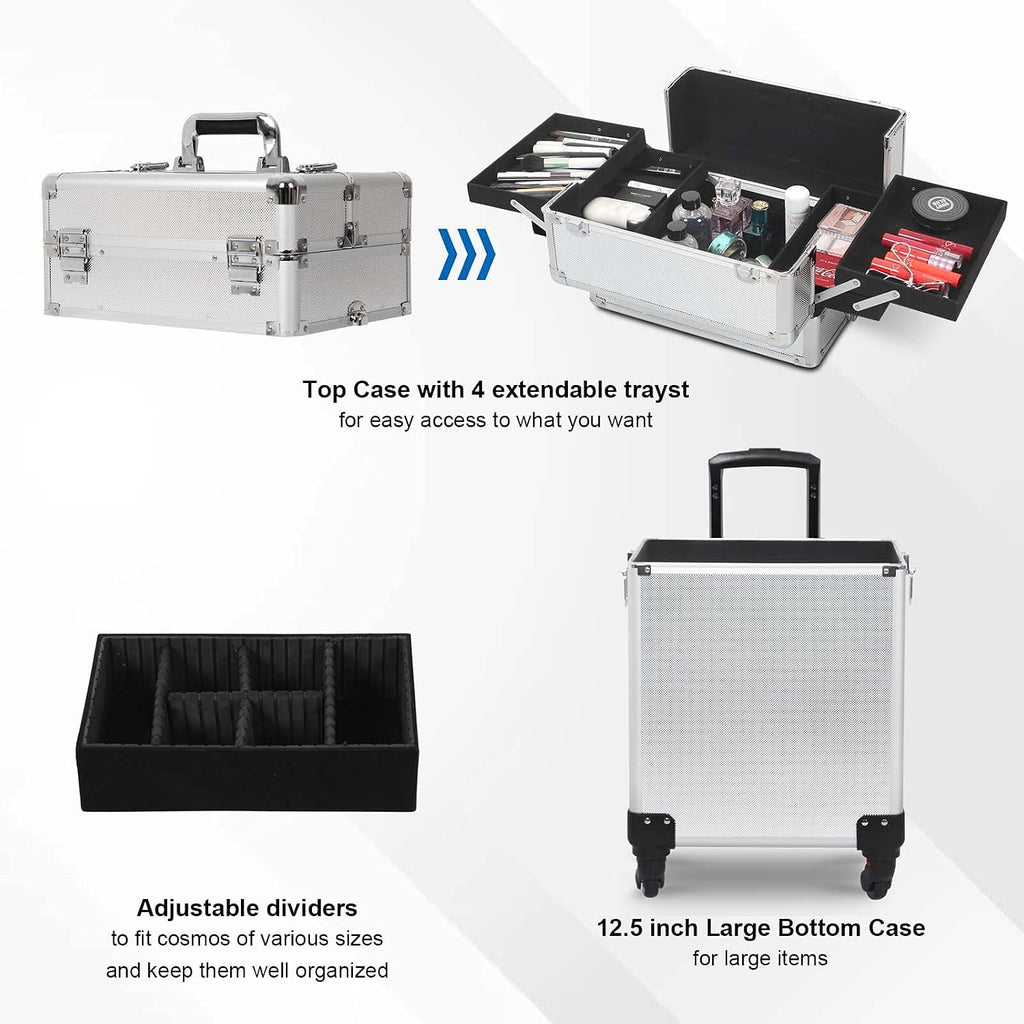 4 in 1 Rolling Makeup Train Case, Large Storage Cosmetic Trolley Makeup Travel Case with Key & Wheels Salon Barber Case Traveling Cart Trunk (SILVER)