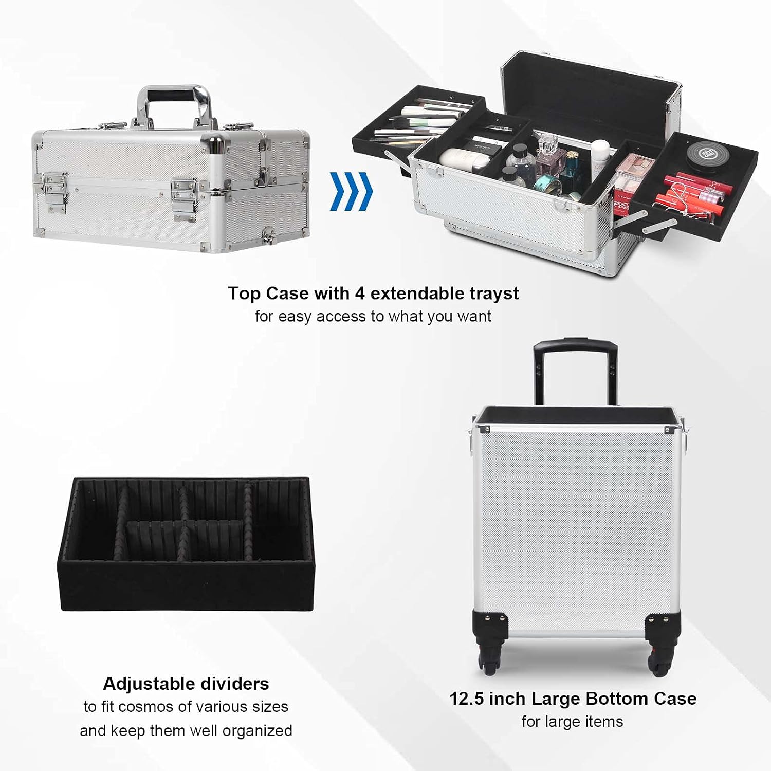 4 in 1 Rolling Makeup Train Case, Large Storage Cosmetic Trolley Makeup Travel Case with Key & Wheels Salon Barber Case Traveling Cart Trunk (SILVER)