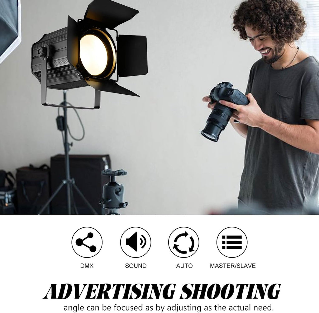 COB Stage Lights with Barn Doors, COB Par Light 200W LED 3500~7500K Warm White & White, DMX512 Master-Slave Sound DJ Lighting Spotlight Fresnel for Church Concert Wedding (2-Colors Style, 1)