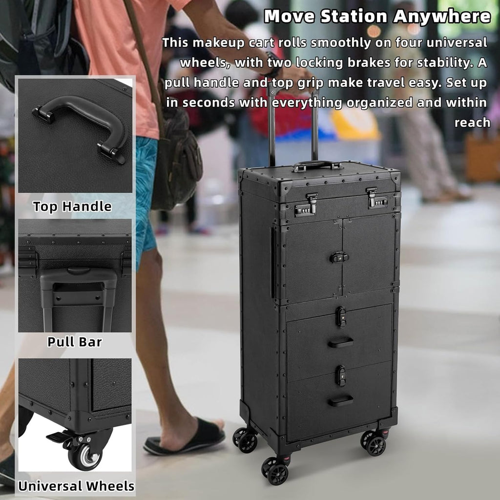 Rolling Makeup Case with Wheels and Locks, Cosmetology Case Makeup Train Case for Salon Barber, Hairdressing Rolling Case Trolley with Hair Dryer Holder and Extendable Tray