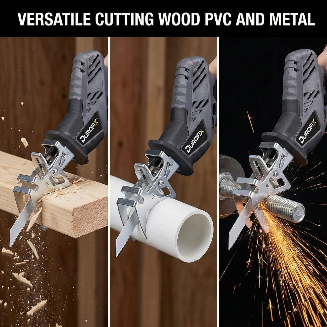 Durofix RJ1217-PG Reciprocating Saw Cordless 3000 Spm High Performance Motor Includes 4.0ah Battery Charger 6 Blades Canvas Bag Patented Clamping Jaw Toolless Blade Change For Mechanic Shop