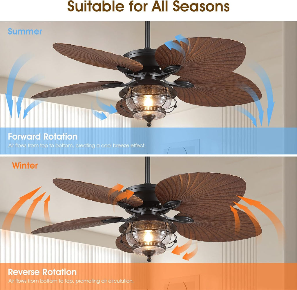 Wiviniya 52 Inch Tropical Ceiling Fans with Lights and Remote, Palm Leaf Waterproof Outdoor Ceiling Fan for Patios Porches Gazebos, Wet Rated, Glass Lampshade, Quiet DC Motor, Brown (Bulb Included)