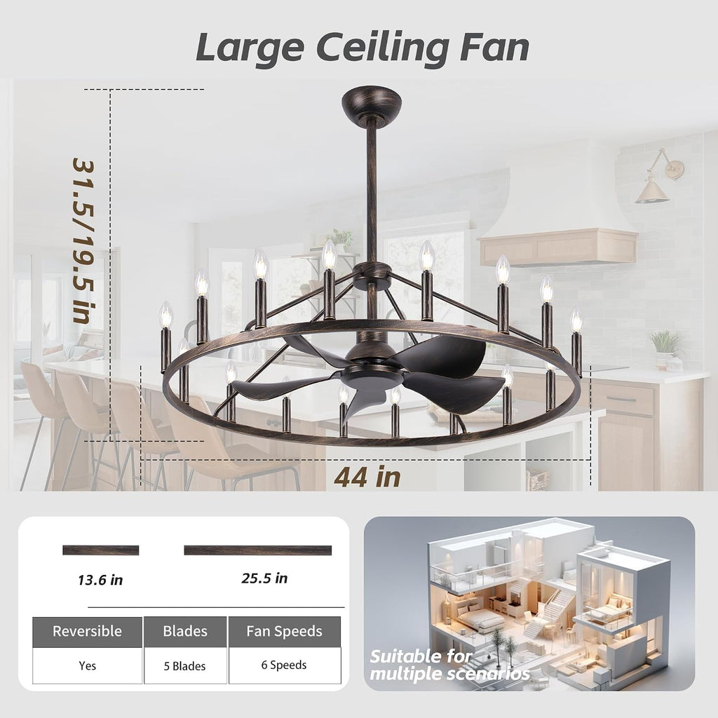 Farmhouse Chandelier Ceiling Fan with Light and Remote, 16-Lights Large Wagon Wheel Fandelier with Candle for Living Room,Rustic Antique Bronze Fan with Big Light Fixture for Loft