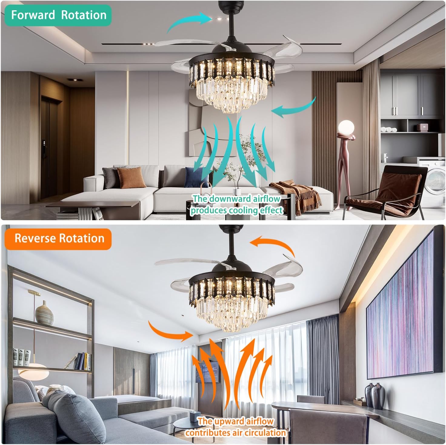 42' Dimmable Black Fandelier Ceiling Fans with Lights and Remote Modern Retractable Blade Crystal Chandelier Ceiling Fan with Lights for Bedroom Dinning Room Living Room